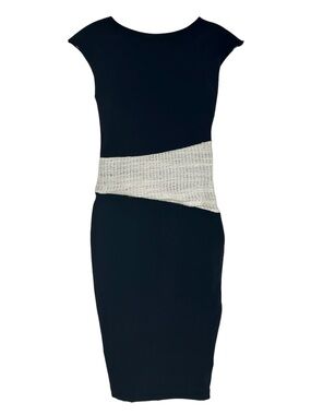 NWT Abi Ferrin Black Sheath Dress Mesh/Tweed Accent Waist Side Zip Women Size 0